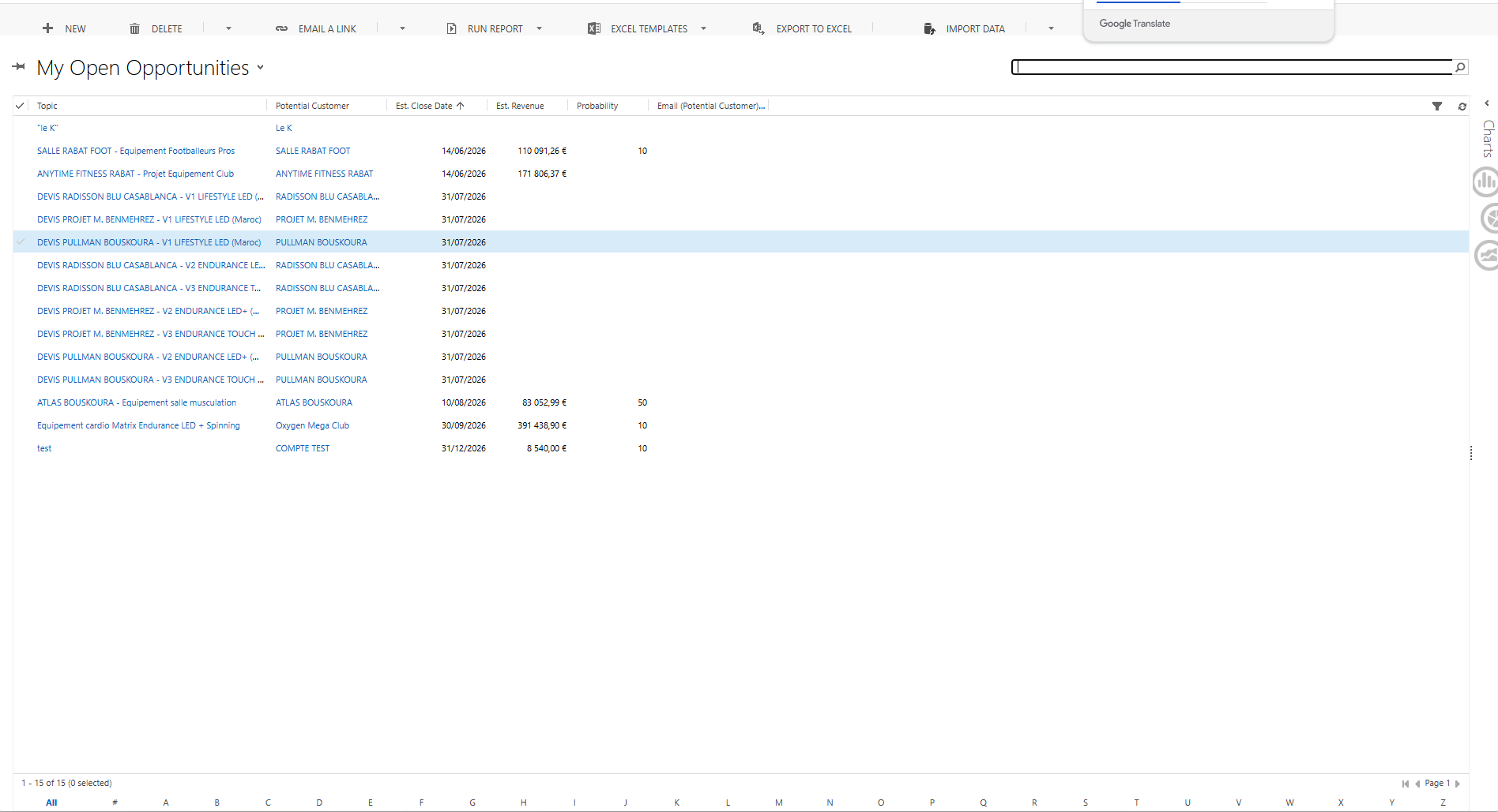 Vue My Open Opportunities dans JHTFR 365 — colonnes Topic, Potential Customer, Est. Close Date, Est. Revenue, Probability